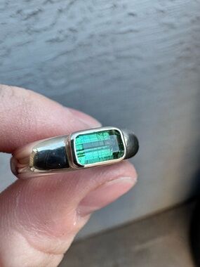 Green Emerald-Cut Tourmaline Silver Ring